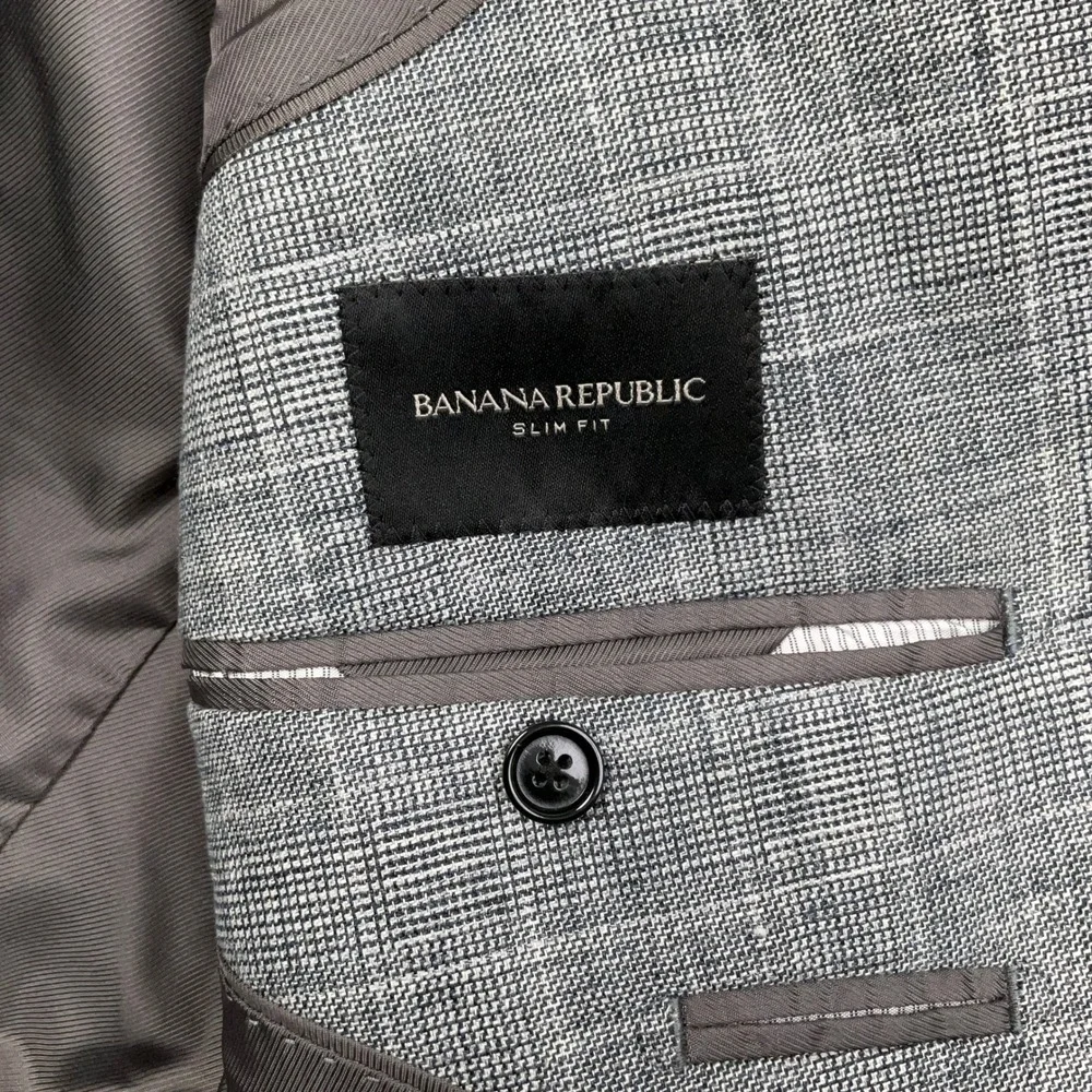 Banana Republic Blazer Mens 40R Gray Linen Slim Fit Glen Plaid Jacket